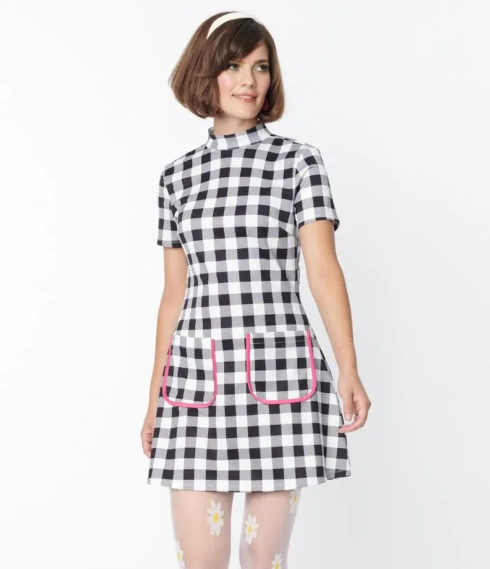 Smak Parlour Black and White Gingham Wave Maker Mini Dress Dresses Unique Vintage Pocket Dresses