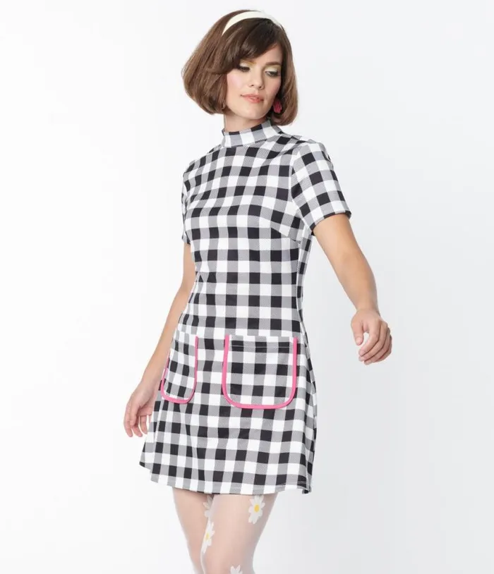 Smak Parlour Black and White Gingham Wave Maker Mini Dress Dresses Unique Vintage Pocket Dresses