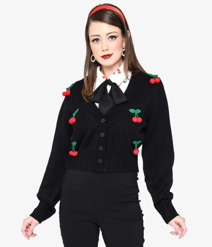 Smak Parlour Black Cherries Cropped Knit Cardigan Clothing Unique Vintage Sweaters and Cardigans