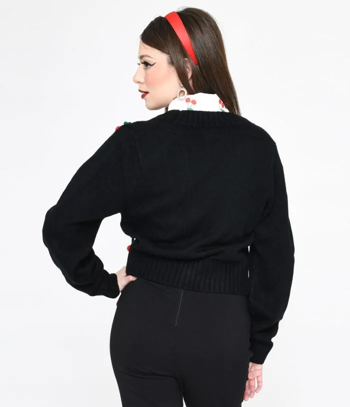 Smak Parlour Black Cherries Cropped Knit Cardigan Clothing Unique Vintage Sweaters and Cardigans