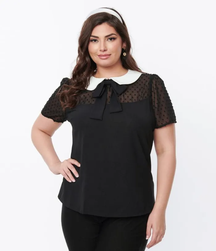 Smak Parlour Black Clipdot and White Collared Bow Blouse ClothingPlus Unique Vintage Blouses
