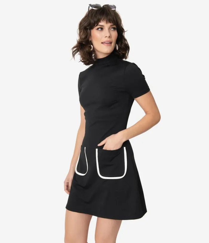 Smak Parlour Black Mock Turtleneck Wave Maker Mini Dress Dresses Unique Vintage Pocket Dresses