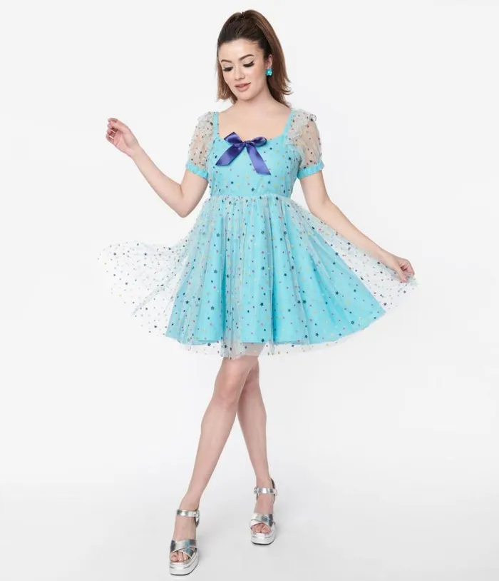 Smak Parlour Blue and Multi Star Puff Sleeve Babydoll Dress DressesPlus Unique Vintage Babydoll Smak Parlour Blue and Multi Star Puff Sleeve Babydoll Dress DressesPlus Unique Vintage Babydoll