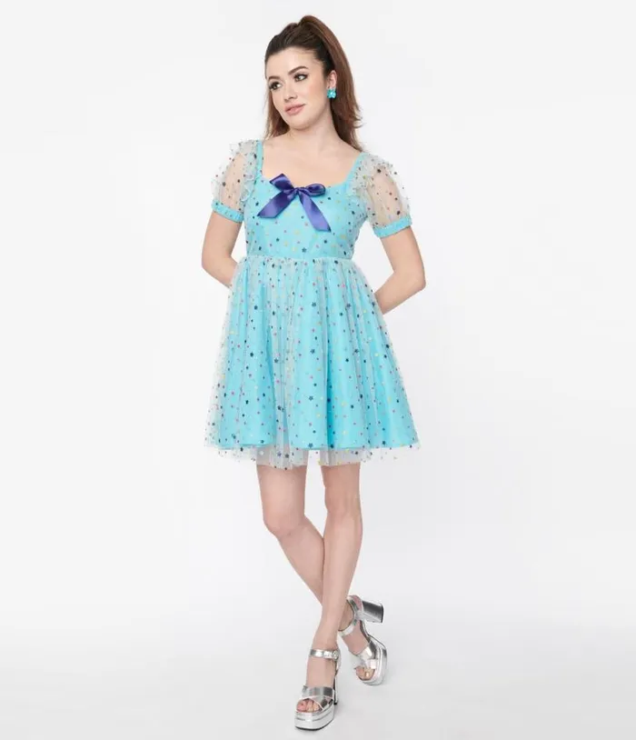 Smak Parlour Blue and Multi Star Puff Sleeve Babydoll Dress DressesPlus Unique Vintage Babydoll