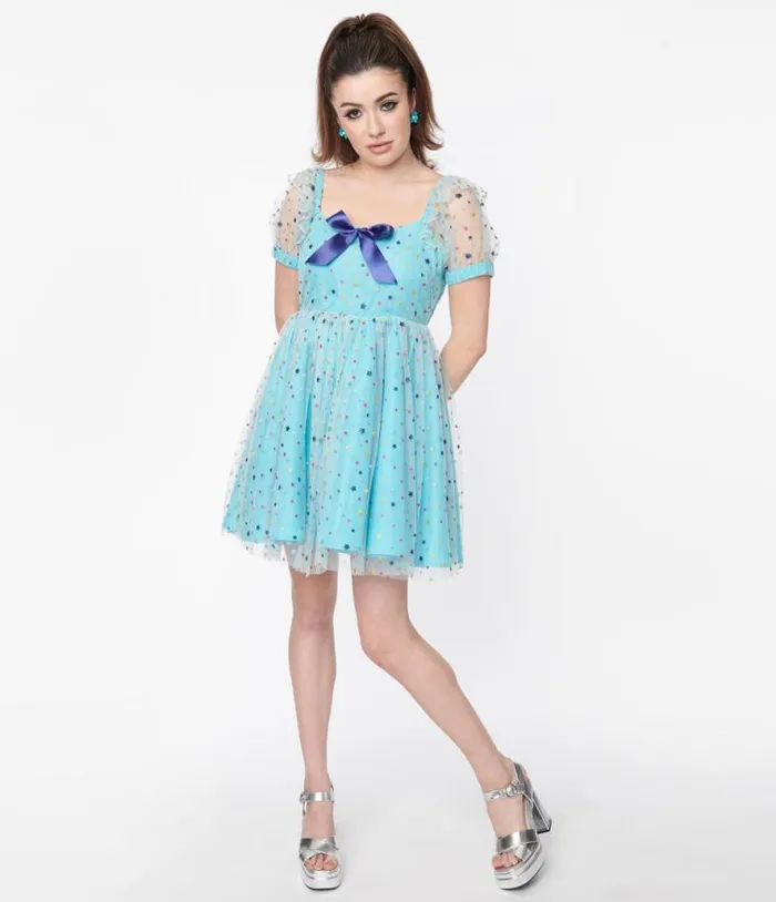 Smak Parlour Blue and Multi Star Puff Sleeve Babydoll Dress DressesPlus Unique Vintage Babydoll