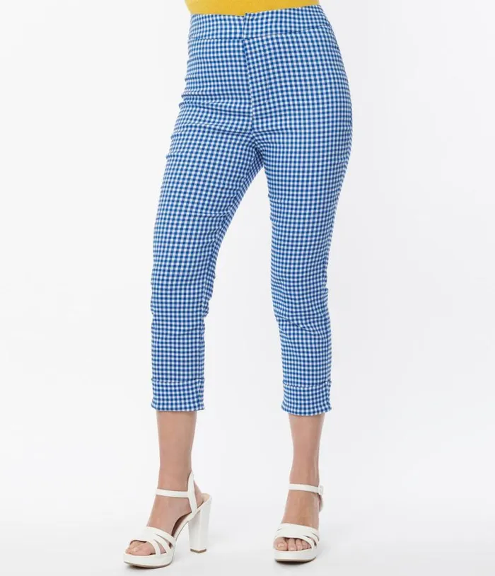 Smak Parlour Blue Gingham Tulip Pocket Smarty Pants Capri Clothing Unique Vintage Pants