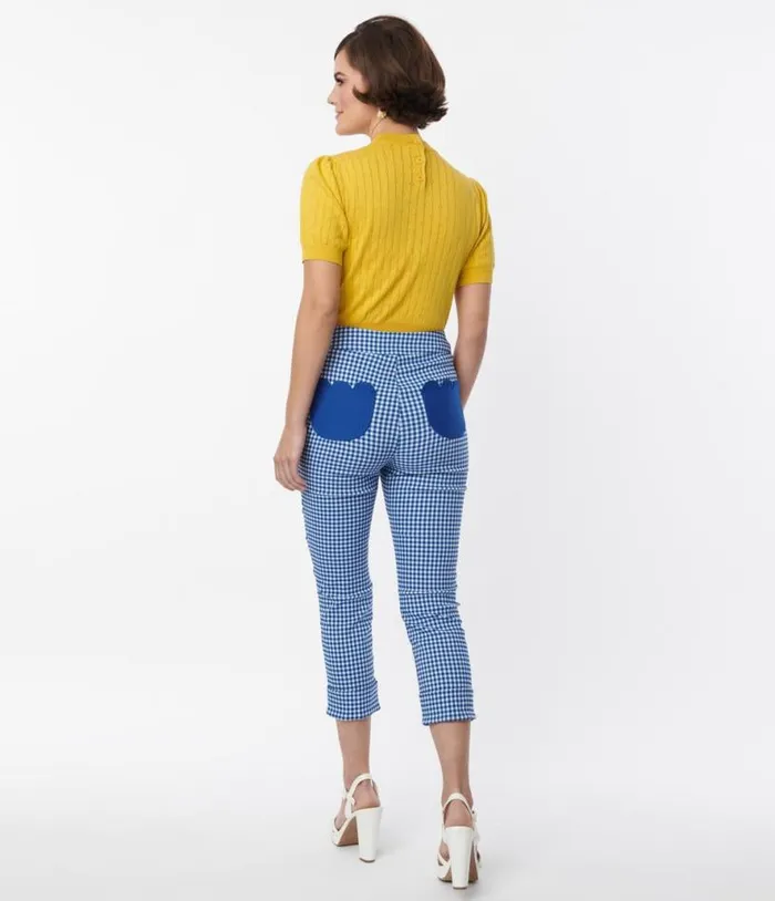 Smak Parlour Blue Gingham Tulip Pocket Smarty Pants Capri Clothing Unique Vintage Pants