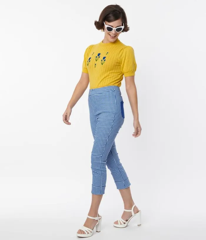 Smak Parlour Blue Gingham Tulip Pocket Smarty Pants Capri Clothing Unique Vintage Pants