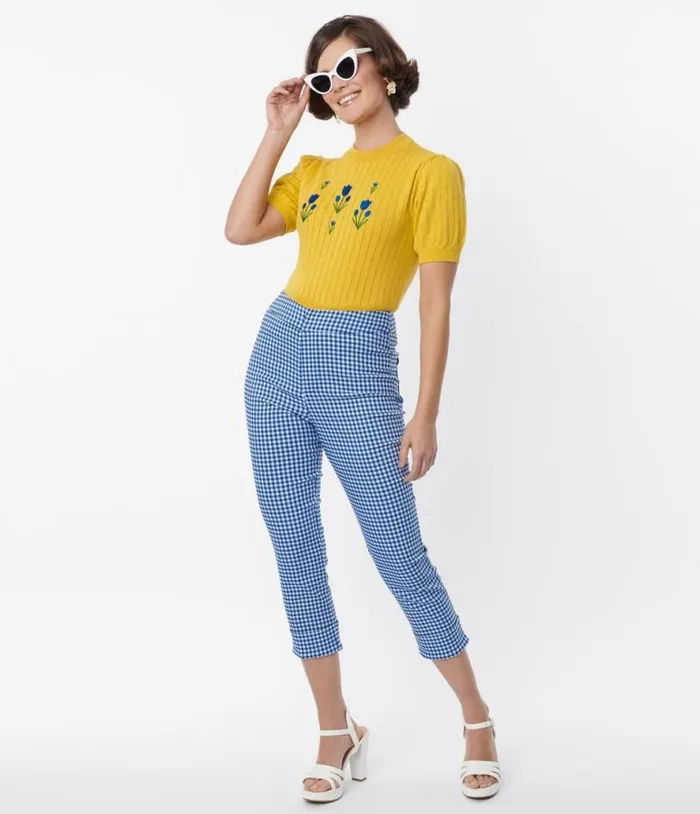 Smak Parlour Blue Gingham Tulip Pocket Smarty Pants Capri Clothing Unique Vintage Pants