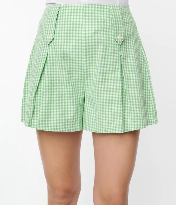 Smak Parlour Green and White Gingham Pleated Shorts Clothing Unique Vintage Shorts