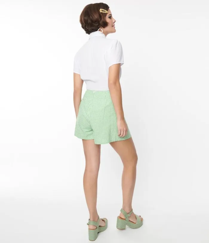 Smak Parlour Green and White Gingham Pleated Shorts Clothing Unique Vintage Shorts