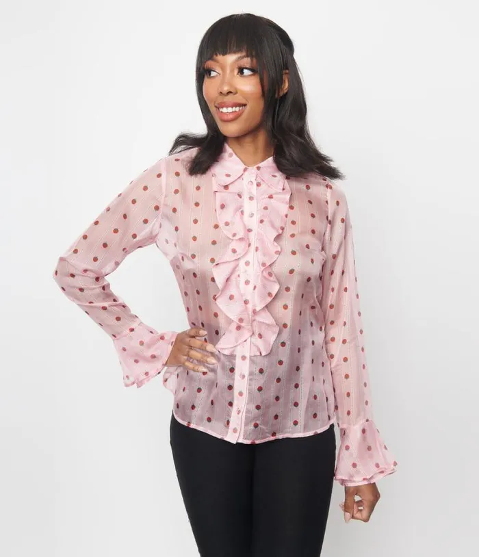 Smak Parlour Pink and Strawberries Stripe Ruffle Blouse Clothing Unique Vintage Blouses