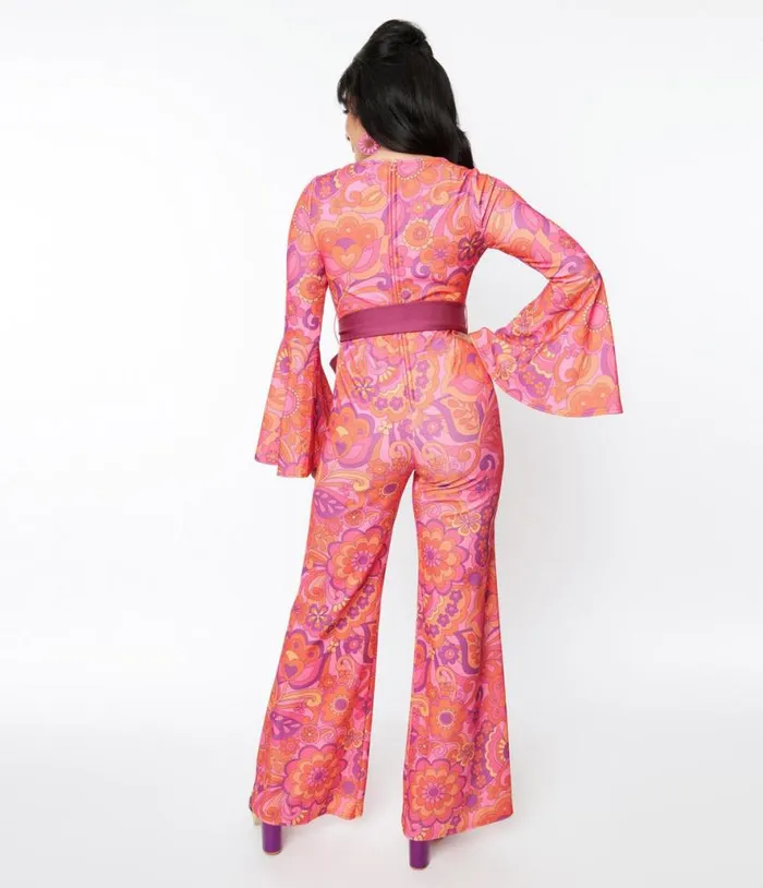 Smak Parlour Pink Mod Floral Bell Sleeve Jumpsuit Clothing Unique Vintage Rompers and Jumpsuits