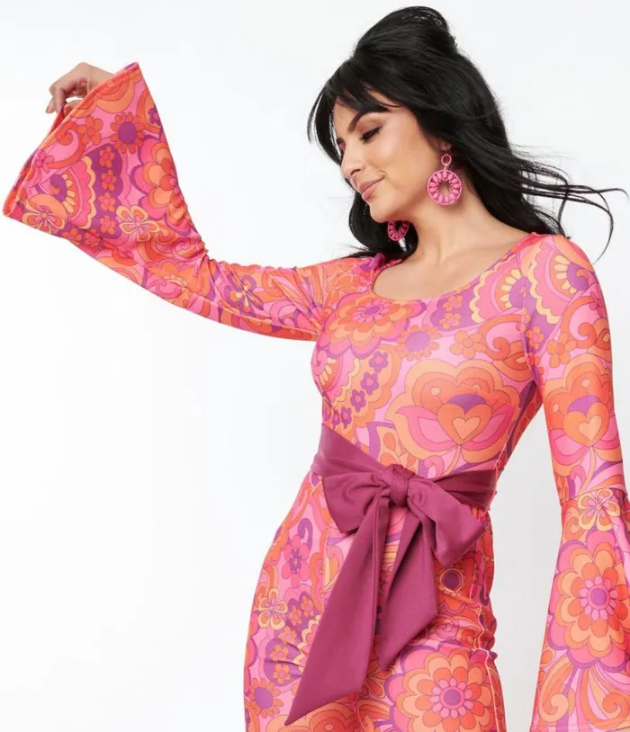 Smak Parlour Pink Mod Floral Bell Sleeve Jumpsuit Clothing Unique Vintage Rompers and Jumpsuits