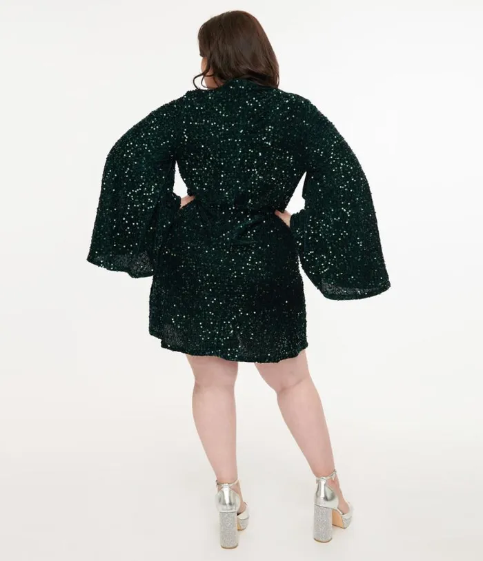 Smak Parlour Plus Size 1960s Green Sequin Downtown Scene Mini Dress DressesPlus Unique Vintage Pocket Dresses