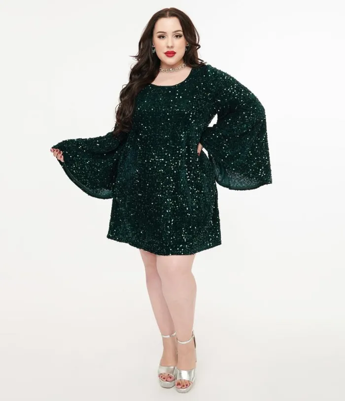 Smak Parlour Plus Size 1960s Green Sequin Downtown Scene Mini Dress DressesPlus Unique Vintage Pocket Dresses