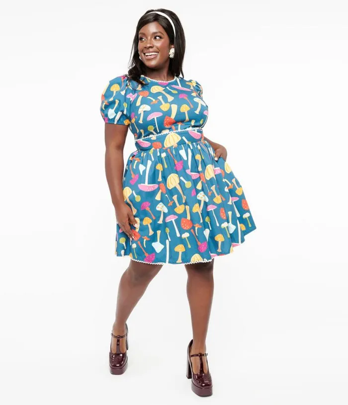 Smak Parlour Plus Size 1960s Navyand Rainbow Mushroom Open Back Flare Dress DressesPlus Unique Vintage Fit and Flare Smak Parlour Plus Size 1960s Navyand Rainbow Mushroom Open Back Flare Dress DressesPlus Unique Vintage Fit and Flare