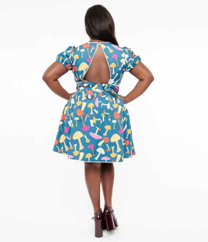 Smak Parlour Plus Size 1960s Navyand Rainbow Mushroom Open Back Flare Dress DressesPlus Unique Vintage Fit and Flare