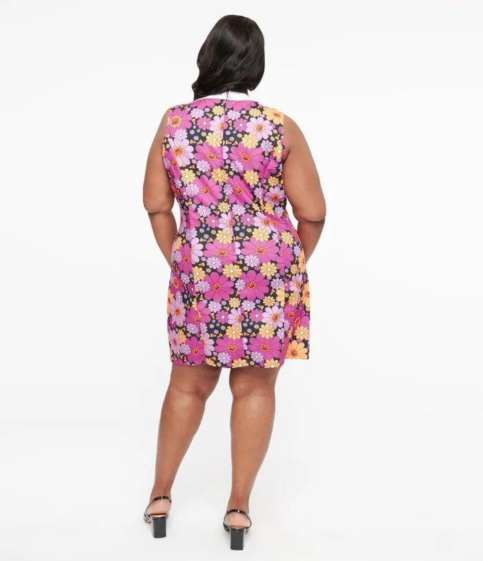 Smak Parlour Plus Size 1960s Purple and Orange Pumpkin Floral Mod Shift Dress DressesHalloween Unique Vintage Pocket Dresses