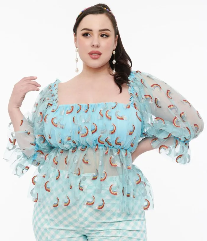 Smak Parlour Plus Size 1960s Sky Blue and Glitter Rainbow Mesh Ruffle Babydoll Top ClothingPlus Unique Vintage Blouses Smak Parlour Plus Size 1960s Sky Blue and Glitter Rainbow Mesh Ruffle Babydoll Top ClothingPlus Unique Vintage Blouses