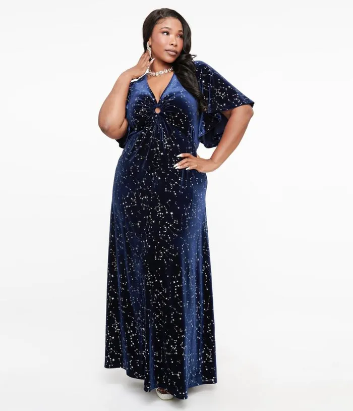 Smak Parlour Plus Size 1970s Blue Velvet Silver Stars Cutout Maxi Dress DressesPlus Unique Vintage Midi and Maxi
