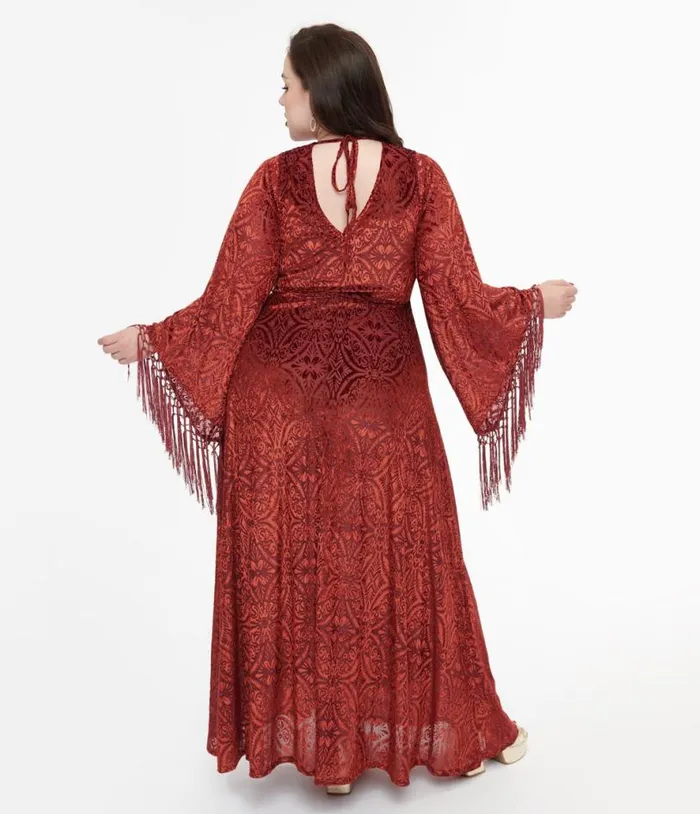 Smak Parlour Plus Size 1970s Burgundy Velvet Burnout Fringe Sleeve Maxi Dress DressesPlus Unique Vintage Midi and Maxi