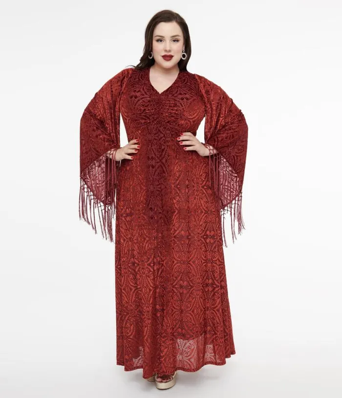 Smak Parlour Plus Size 1970s Burgundy Velvet Burnout Fringe Sleeve Maxi Dress DressesPlus Unique Vintage Midi and Maxi