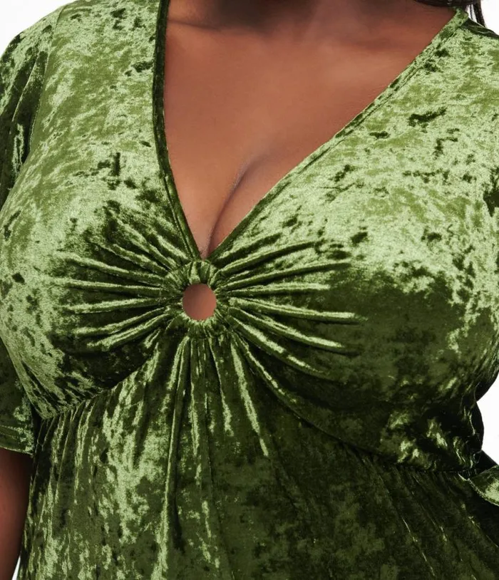 Smak Parlour Plus Size 1970s Mossy Green Velvet Cutout Maxi Dress DressesPlus Unique Vintage Midi and Maxi