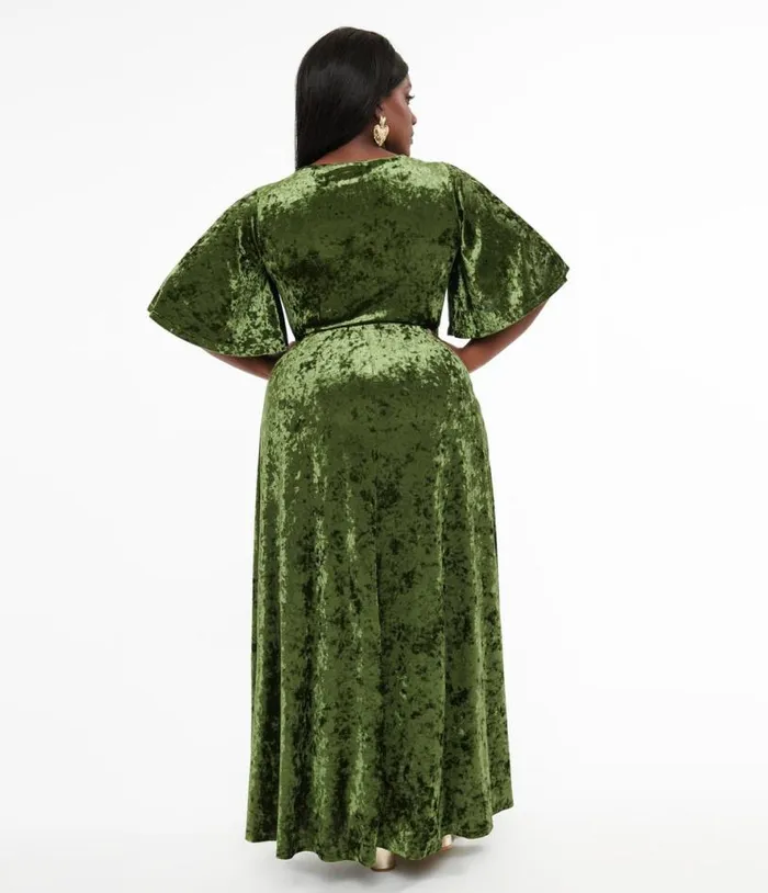 Smak Parlour Plus Size 1970s Mossy Green Velvet Cutout Maxi Dress DressesPlus Unique Vintage Midi and Maxi