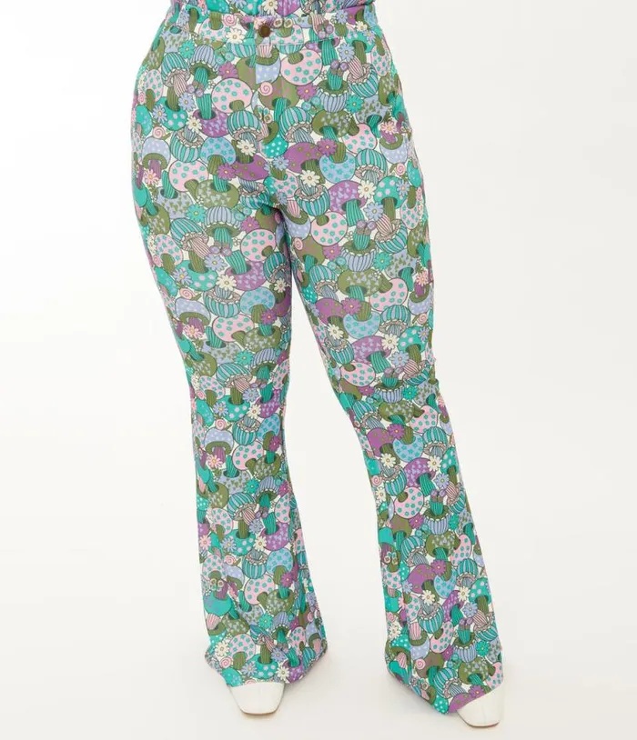 Smak Parlour Plus Size 1970s Teal Groovy Mushrooms Find Your Flare Pants ClothingPlus Unique Vintage Pants