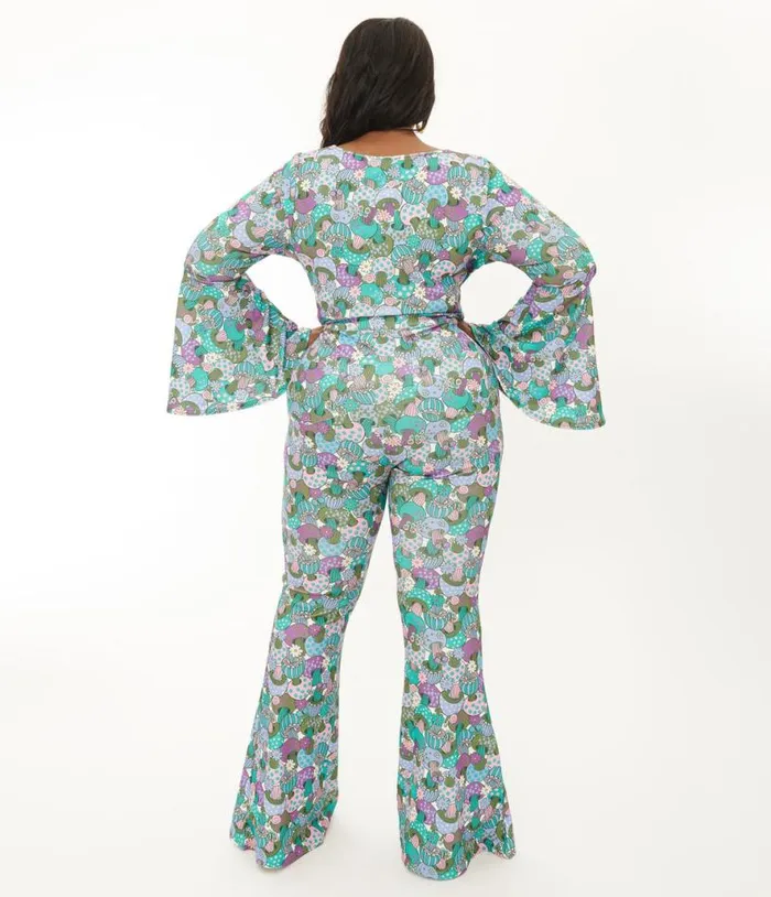 Smak Parlour Plus Size 1970s Teal Groovy Mushrooms Find Your Flare Pants ClothingPlus Unique Vintage Pants