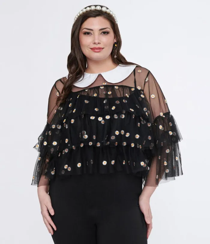 Smak Parlour Plus Size Black Daisy Mesh Ruffle Top ClothingPlus Unique Vintage Blouses