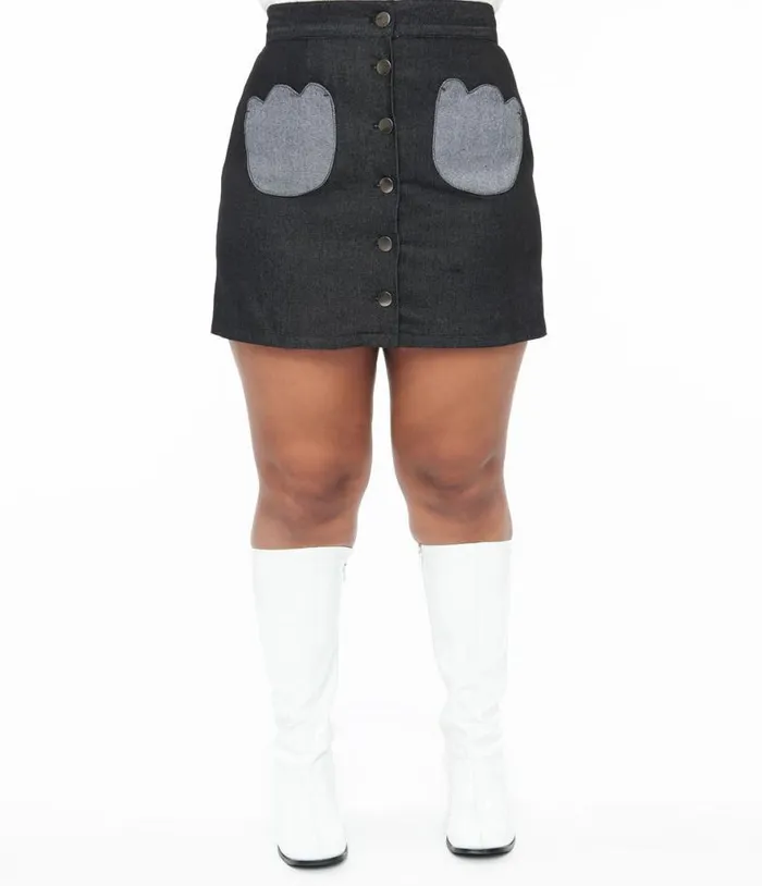 Smak Parlour Plus Size Black Denim Tulip Patch Pocket Skirt ClothingPlus Unique Vintage Skirts
