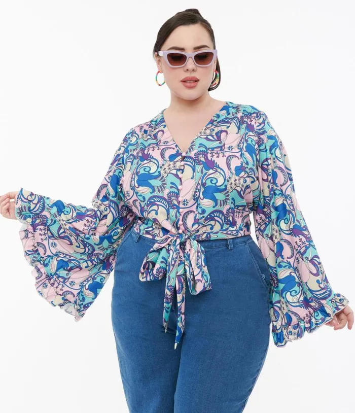 Smak Parlour Plus Size Blue and Purple Psychedelic Floral Belva Crop Blouse ClothingPlus Unique Vintage Blouses Smak Parlour Plus Size Blue and Purple Psychedelic Floral Belva Crop Blouse ClothingPlus Unique Vintage Blouses