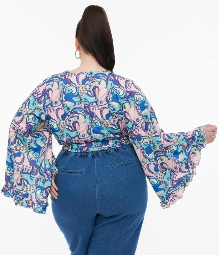 Smak Parlour Plus Size Blue and Purple Psychedelic Floral Belva Crop Blouse ClothingPlus Unique Vintage Blouses