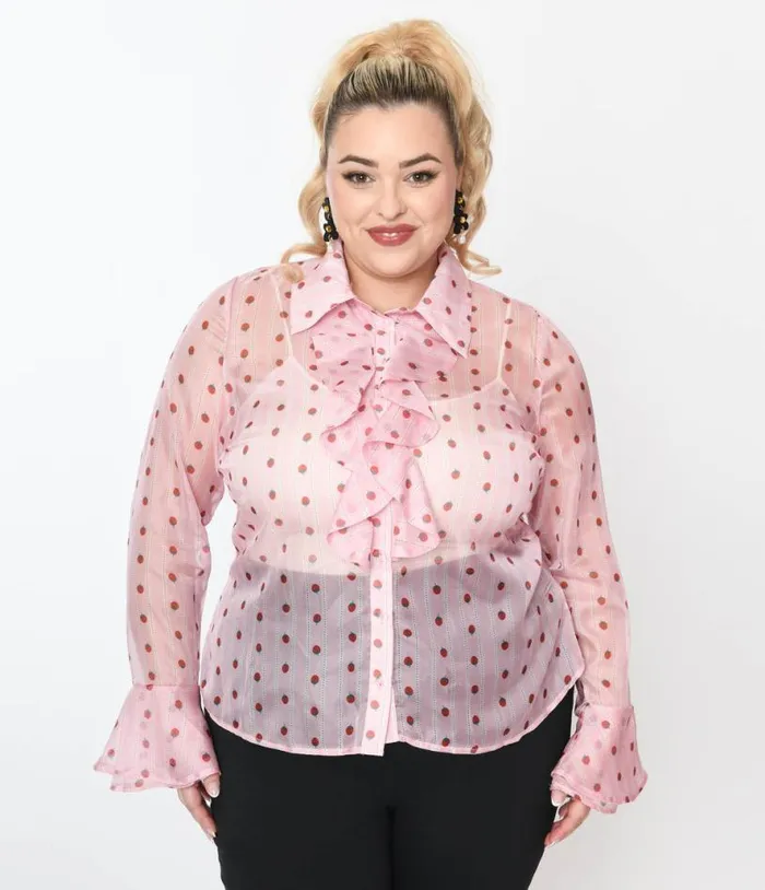Smak Parlour Plus Size Pink and Strawberries Stripe Ruffle Blouse ClothingPlus Unique Vintage Blouses