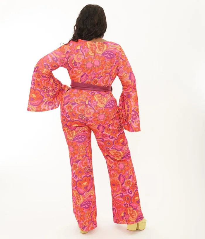 Smak Parlour Plus Size Pink Mod Floral Bell Sleeve Jumpsuit ClothingPlus Unique Vintage Rompers and Jumpsuits