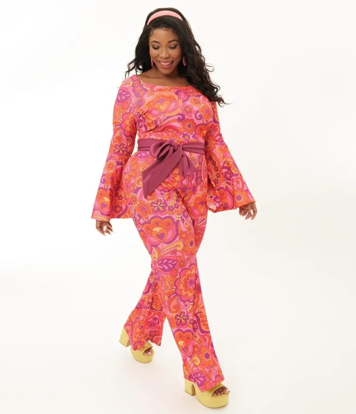 Smak Parlour Plus Size Pink Mod Floral Bell Sleeve Jumpsuit ClothingPlus Unique Vintage Rompers and Jumpsuits