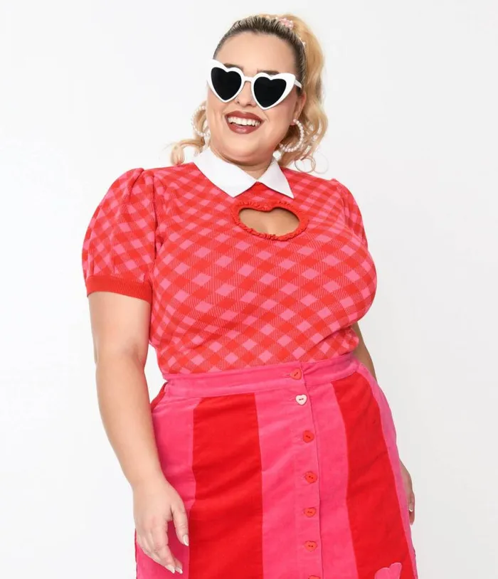 Smak Parlour Plus Size Red and Pink Bias Gingham Heart Sweater ClothingPlus Unique Vintage Sweaters and Cardigans Smak Parlour Plus Size Red and Pink Bias Gingham Heart Sweater ClothingPlus Unique Vintage Sweaters and Cardigans
