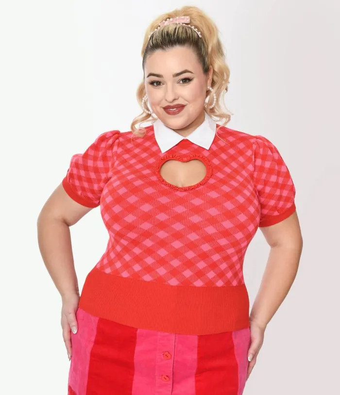 Smak Parlour Plus Size Red and Pink Bias Gingham Heart Sweater ClothingPlus Unique Vintage Sweaters and Cardigans