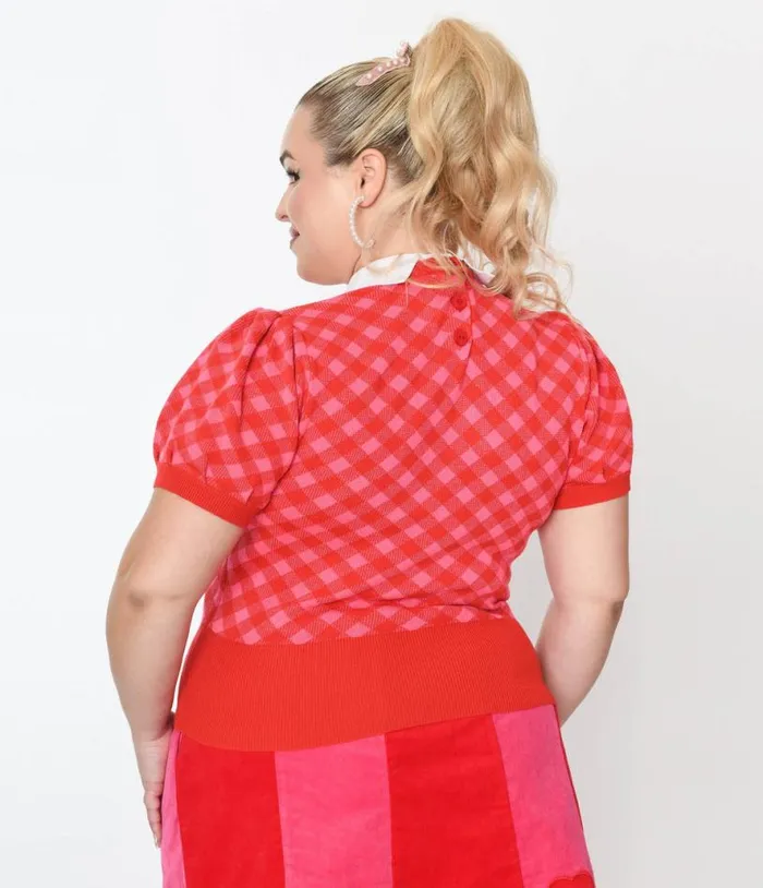 Smak Parlour Plus Size Red and Pink Bias Gingham Heart Sweater ClothingPlus Unique Vintage Sweaters and Cardigans