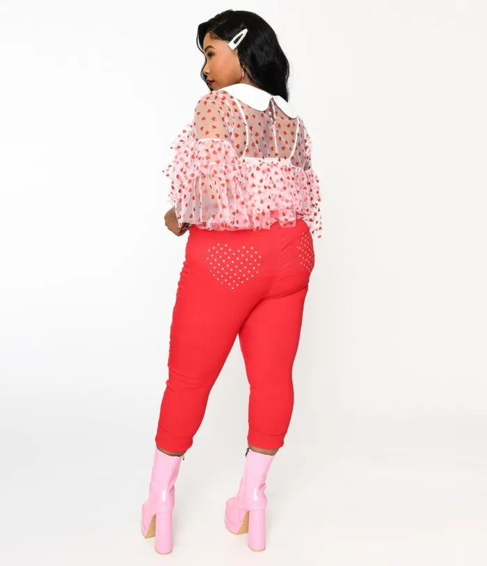 Smak Parlour Plus Size Red and Polka Dot Heart Pocket Smarty Pants Capri ClothingPlus Unique Vintage Pants