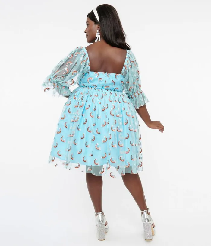 Smak Parlour Plus Size Sky Blue and Glitter Rainbows Love Interest Babydoll Dress DressesPlus Unique Vintage Babydoll