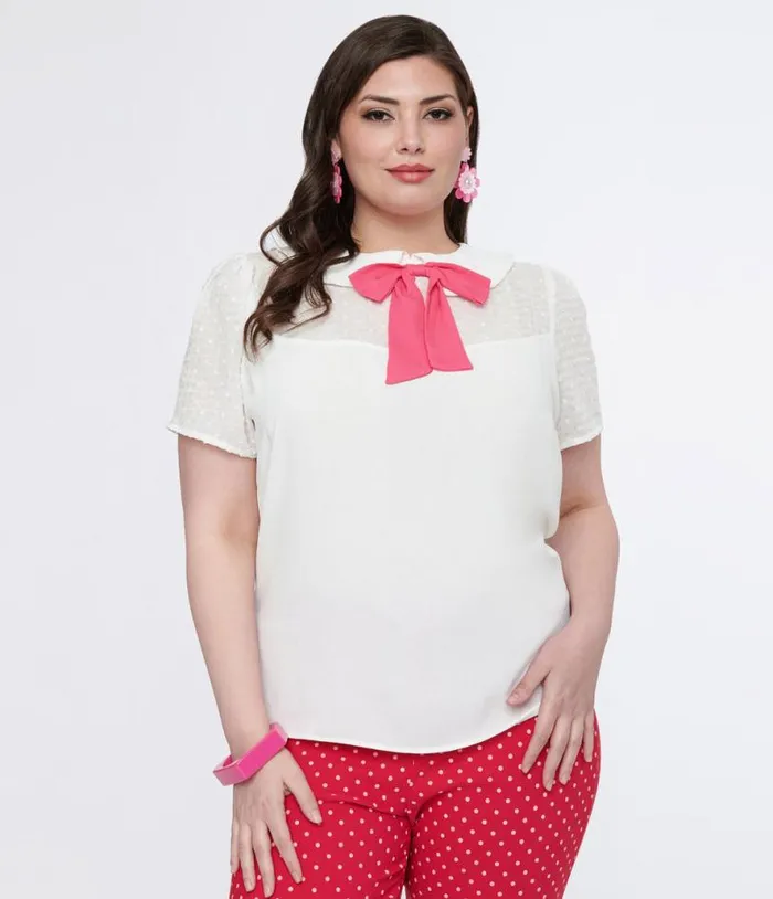 Smak Parlour Plus Size White and Pink Collared Bow Blouse ClothingPlus Unique Vintage Blouses