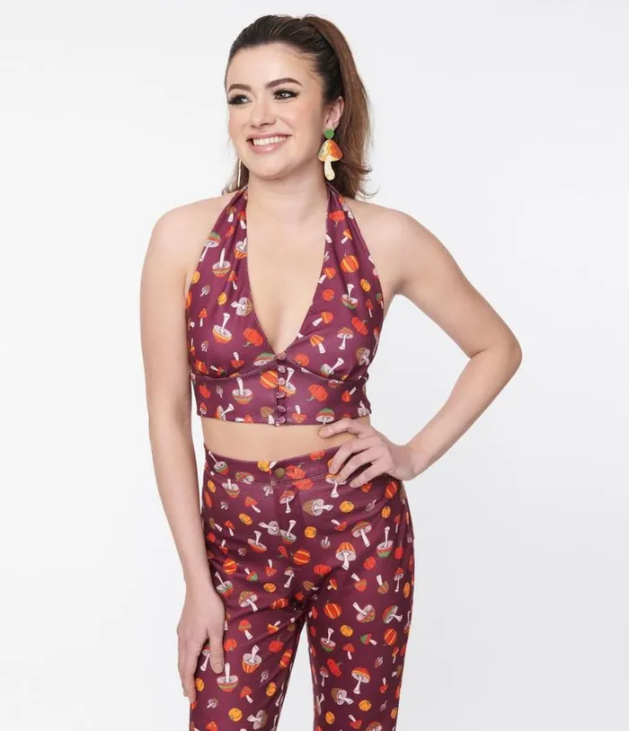 Smak Parlour Purple Pumpkin and Mushrooms Feelin Groovy Crop Top Halloween Unique Vintage Tops