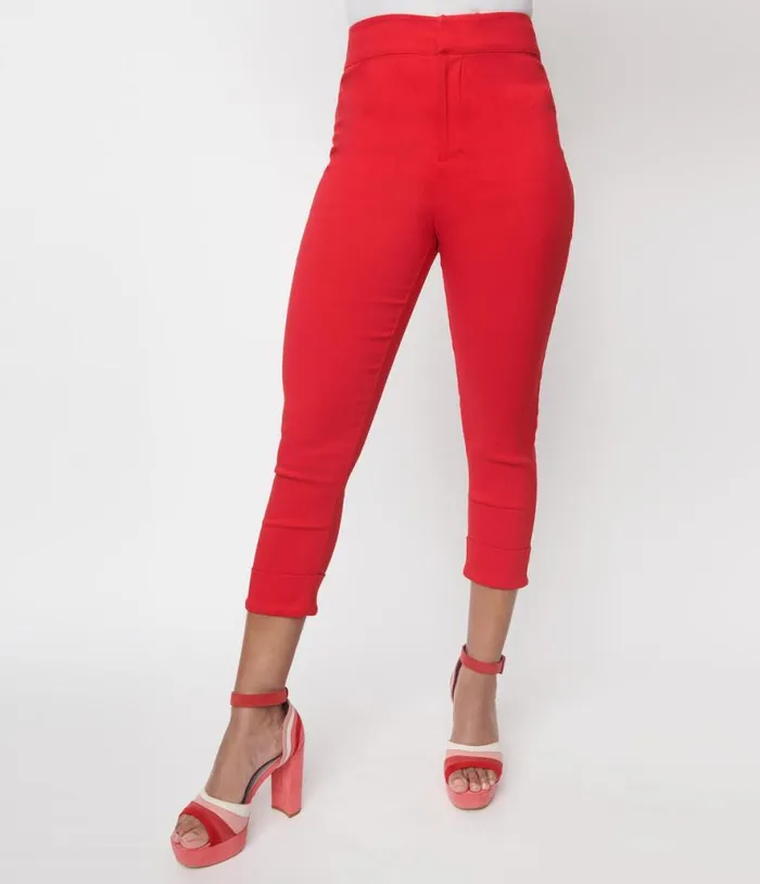 Smak Parlour Red and Polka Dot Heart Pocket Smarty Pants Capri Clothing Unique Vintage Pants