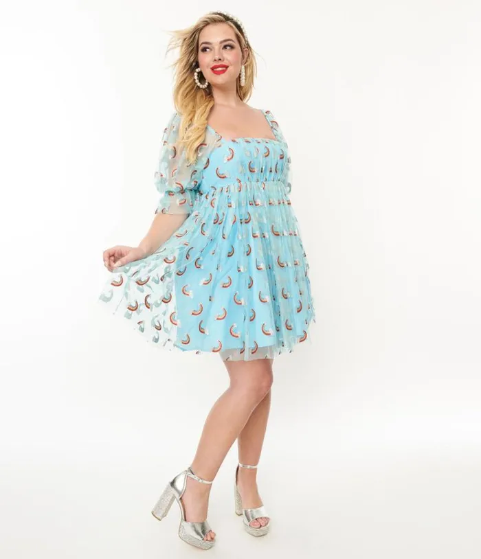 Smak Parlour Sky Blue and Glitter Rainbows Love Interest Babydoll Dress DressesPlus Unique Vintage Babydoll
