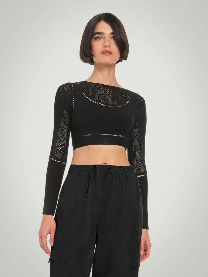 Sporty Logo Net Top Long Sleeve Black Women Wolford Tops