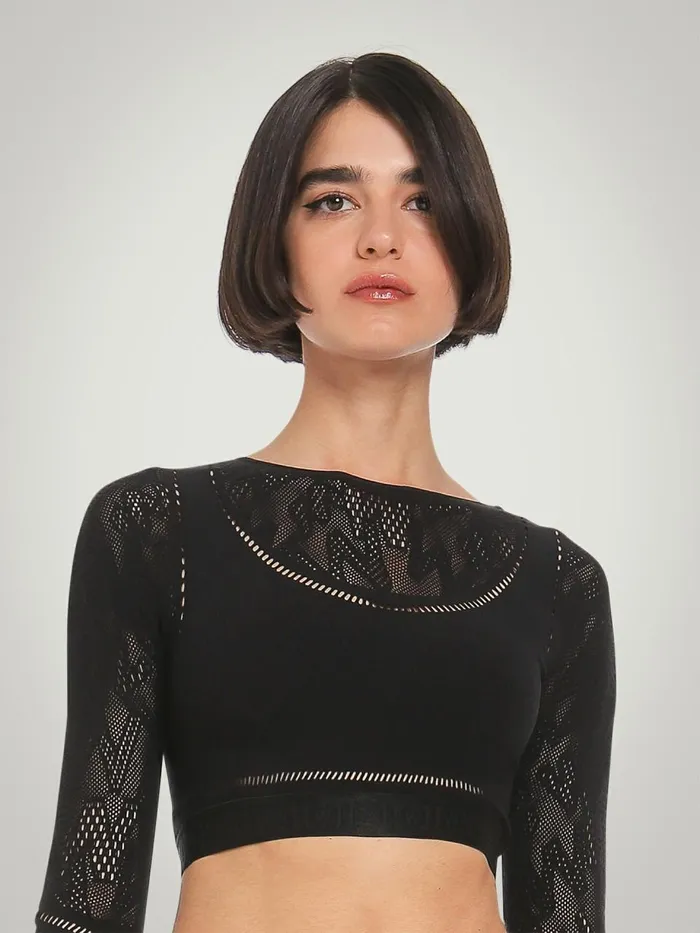 Sporty Logo Net Top Long Sleeve Black Women Wolford Tops