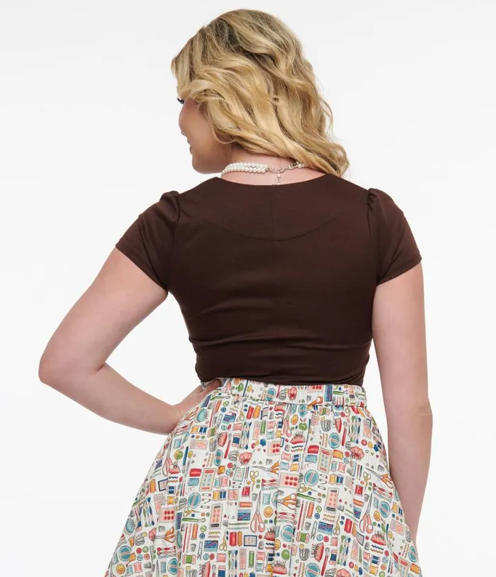 Steady 1950s Chocolate Brown Short Sleeve Knit Sophia Top ClothingPlus Unique Vintage Blouses
